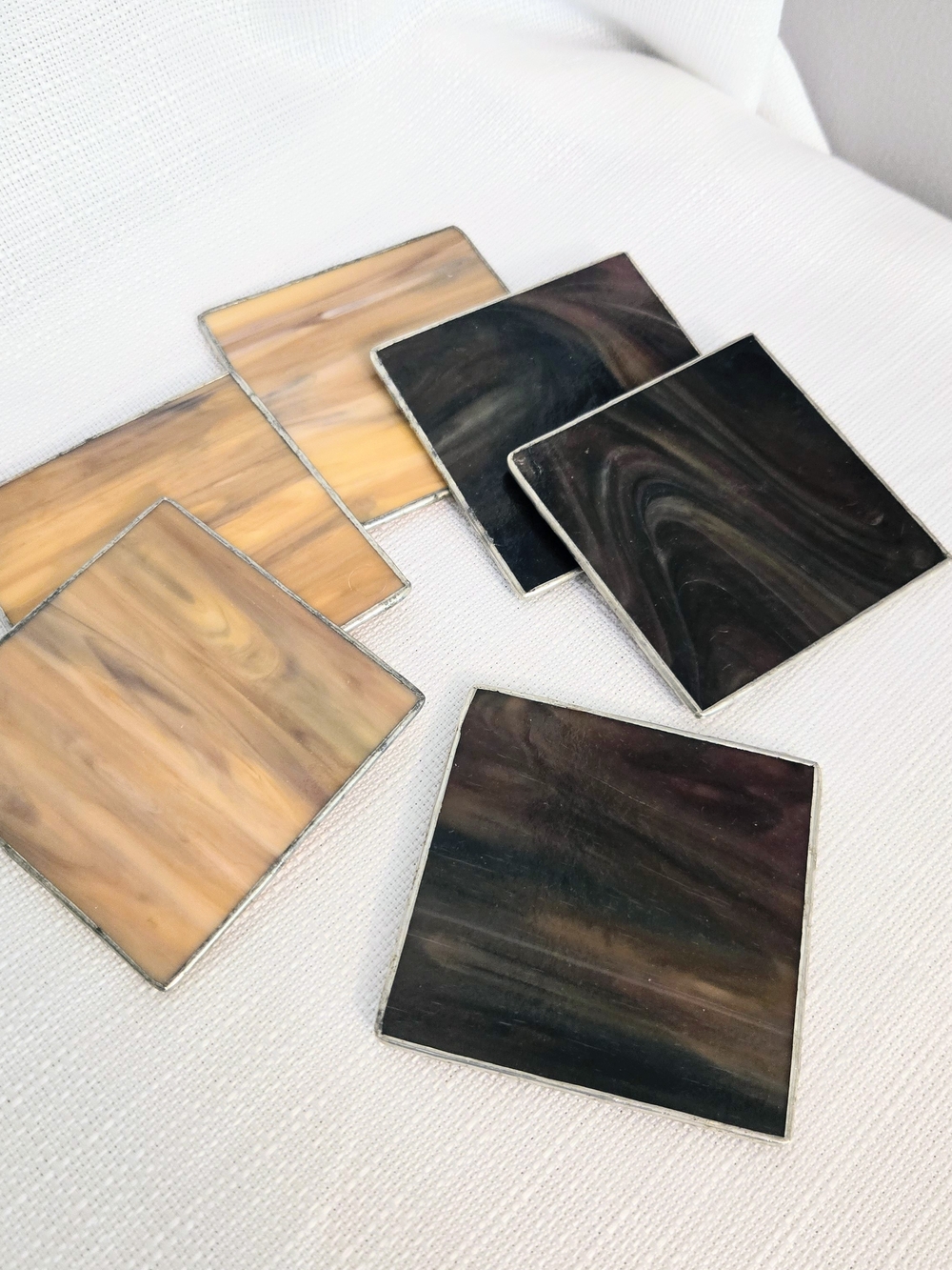Slag Glass Coasters Stained Leaded Tan Brown 4x4" Set of 6 Bohemian Eclectic